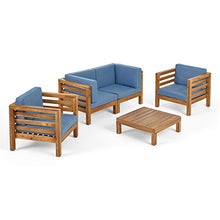 GDFStudio Outdoor 4 Seater Acacia Wood Loveseat Chat Set, Teak Finish and Blue