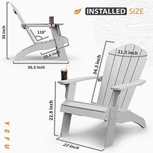 YEFU Oversized Plastic Adirondack Chair Set of 2 with Cup-Holder Weather Resistant Grey