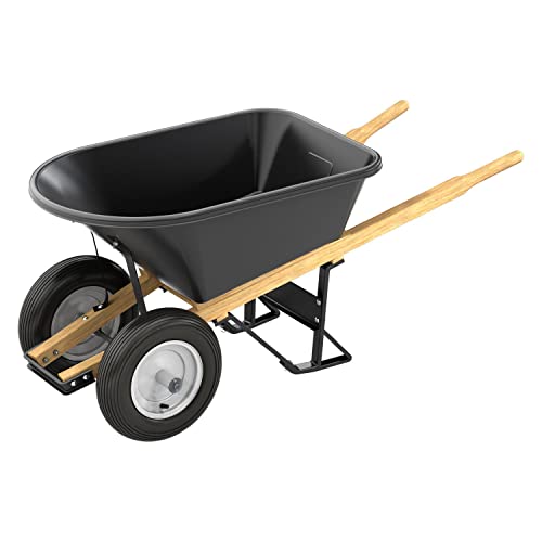 Bon Tool 28 707 Premium Contractor Grade Poly-Tray Double Wheel Wheelbarrow with Wood Handle and Ribbed Tire, 5-3/4 Cubic Feet