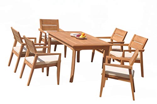 7 PC A Grade Outdoor Patio Teak Dining Furniture Set - 60" Rectangle Table & 6 Cellore Stacking Arm Chairs