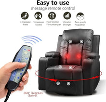 Black Leather Recliner Chair with Heated Massage for Adults, 360-Degree Swivel Rocker Recliner with 2 Cup Holders, Ergonomic Single Sofa Seat for Living Room