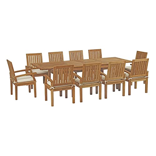 Modway EEI-3283-NAT-WHI-SET Marina Premium Grade A Teak Wood 11-Piece Outdoor Patio Dining Furniture Set, Ten Folding Armchair/One Table, Natural White