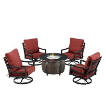 Oakland Living Black Aluminum Patio Fire Table Set with Four Club Chairs and Red Cushions