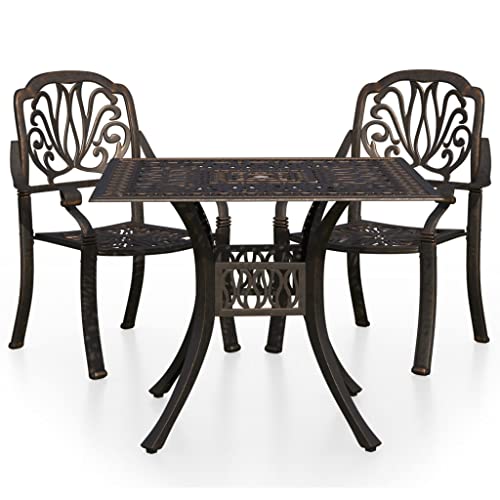 KUPTYERFG Cast Aluminum Bistro Set, 3 Piece Outdoor Dining Set with 35.4 Inch Round Table and 2 Armchairs, Matte Bronze Metal Patio Table and Chair Set for Garden, Terrace