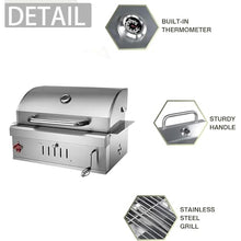 28 Inch Built In Charcoal Grills, Stainless Steel Charcoal Bbq Grill Built In with Liftable Charcoal Tray, Rain Fabric Cover, Insulated Hood and Temperature Gauge, for Outdoor Camping, Cooking