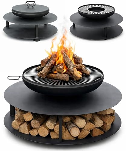 eldimer no.06 - Wood Burning Carbon Steel Fire Pit with Table - 23.6" Bowl and 35.6" Table - Industrial Outdoor Fire Bowl for Backyard and Patio