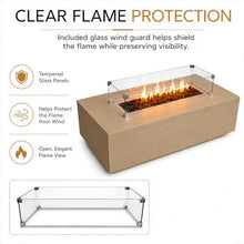 Golden Flame 55" Rectangle Beton Concrete GFRC Gas Fire Pit Bundle with Stainless Steel Burner Cover & Glass Wind Guard, 65,000 BTU Outdoor Fire Table, Push Button Ignition, Lava Rock Included - Sand