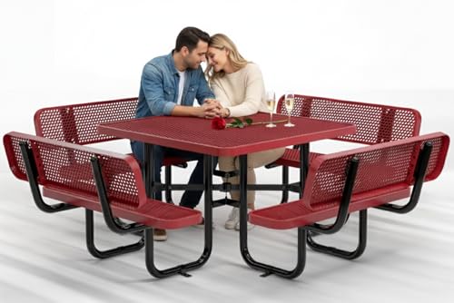 OUTTANS Metal Picnic Table (Red, 46 in Square with Back, Expanded Steel)