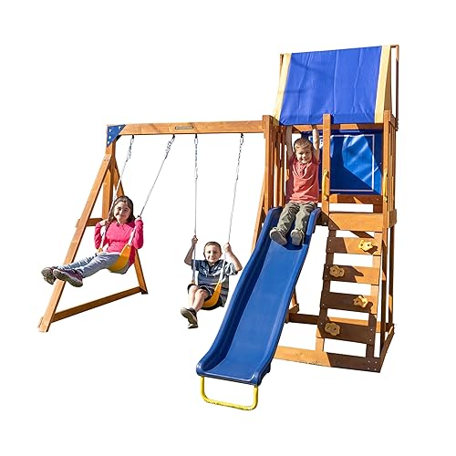 Sportspower North Peak Wooden Swing Set with A-Frame & Slide Yellow/Blue