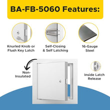 Best 14” x 14” Un-Insulated Fire Rated Metal Access Panel with 1” Flange, 16 Gauge Steel Access Door with Reinforced Edges & Hidden Hinge, Self-Closing/Latching, Inside Latch Release, BA-FB-5060