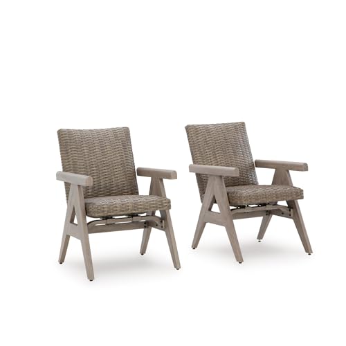 Signature Design by Ashley Haven Retreat Outdoor Rocking Arm Chair Set of 2, Rust-Resistant Powder-Coated Aluminum Frame, All-Weather Handwoven Resin Wicker for Patio Dining and Relaxing, Beige/Brown