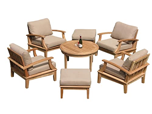 WholesaleTeak Somer 7 Pc Lounge Chair Set: 4 Lounge Chairs, 2 Ottomans & 36" Round Coffee Table with Sunbrella Cushions in Fabric #5422 Canvas Antique Beige #12SO7