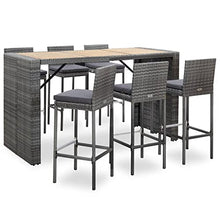 WXGTBKPR 7-Piece Outdoor Bar Set, Grey Synthetic Poly Rattan Garden Furniture, Solid Acacia Wood Tabletop, 6 Stools with Polyester Cushions, Patio Balcony Dining Table Set