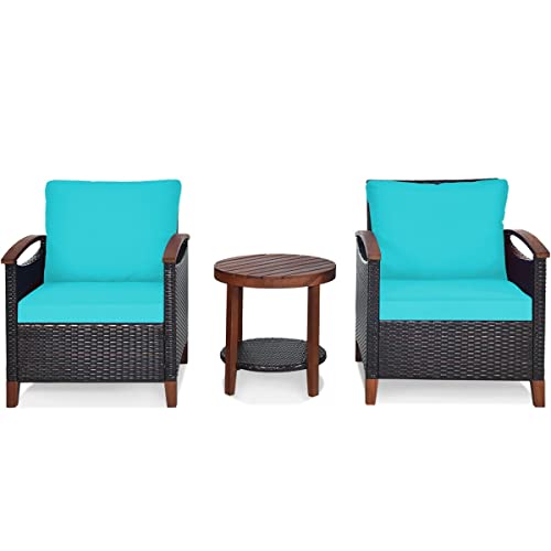 DUYHBAWRS 3PCS Patio Rattan Furniture Set Solid Wood Frame Cushion Sofa Round Table Shelf Seat Cushion(D)