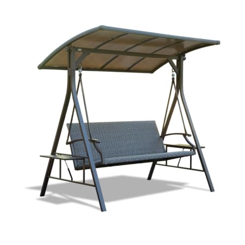 3 Seater PE Rattan Porch Swing w/Adjustable Polycarbonate Hardtop and Side Tables for Garden, All Weather Patio Swing Bench w/Steel Frame & Quick Drying Foam Seat for Deck, Balcony