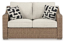 Signature Design by Ashley Beachcroft Outdoor Loveseat with High-Performance Nuvella Cushions, Resin Wicker on Rust-Resistant Aluminum Frame for Patio Seating, Beige