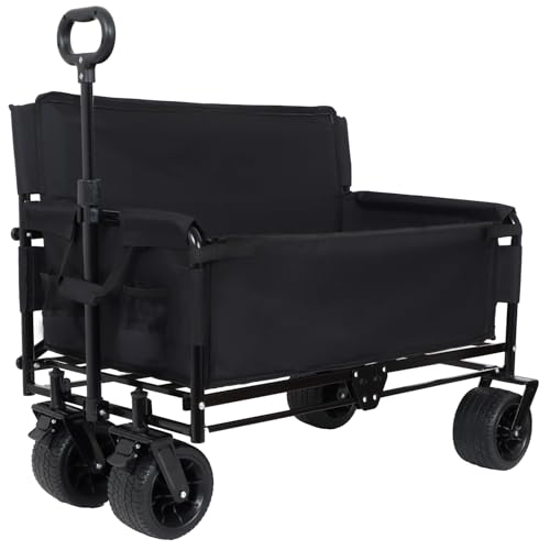 2-in-1 Folding Wagon Bench Love Seat, Heavy Duty Collapsible Beach Cart with 400LBS Capacity, Foldable Garden Wagon with All-Terrain PU Foam Wheels, Portable Outdoor Cart for Camping, Sports