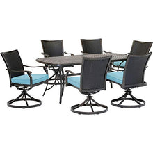 Hanover Traditions 7-Piece Outdoor Dining Set with 6 Blue Cushioned Wicker Back Swivel Rocker Chairs and Cast Table