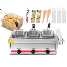 Commercial Gas Fryer, 30L Fryer With Stainless Steel Counter Top Basket, Triple Cylinder Adjustable Temperature Fryer, With Condiment Rack And Sauce Bottles