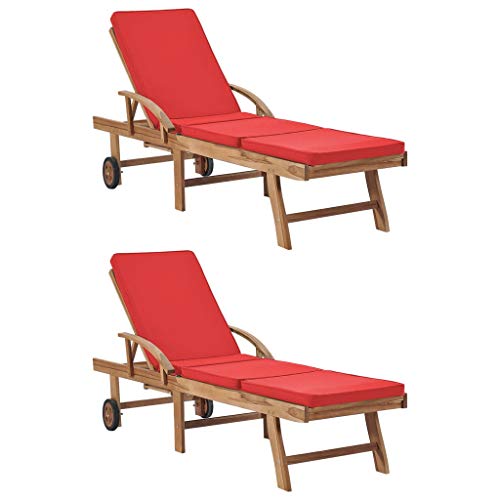 WANGKENSU Sun Loungers with Cushions 2 pcs,Outdoor Wood Lounge Chaise, Lounger for Pool,Beach Sun Tanning Chair,Outdoor Bed,Patio Deck Chair, Solid Teak Wood Red (Red 76.8" x 23.4" (L x W))