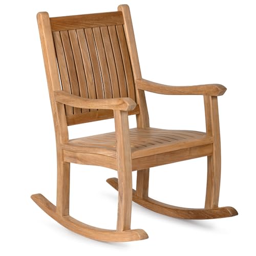 TITAN GREAT OUTDOORS Ash & Ember Cascade Grade A Teak Rocking Chair, Weather Resistant Premium Wood Outdoor Furniture Rocking Chair with Intricate Back Support, Armrests, Sloped Runners
