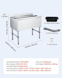VEVOR Commercial Ice Bin, 100.7 Qt Max Capacity, 36 x 19 x 33 Inch Stainless Steel Ice Chest with Sliding Lid and Bottle Holders, Cooler Cart Cocktail Unit for Bar Restaurant Pub, NSF Certified