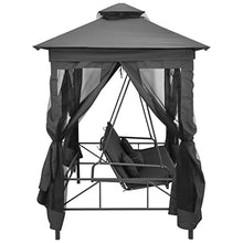 Outdoor 3-Person Convertible Swing Bench with Canopy, Anthracite Powder-Coated Steel Patio Bed, Backyard Garden Lounge Chair with Curtains and Pillows