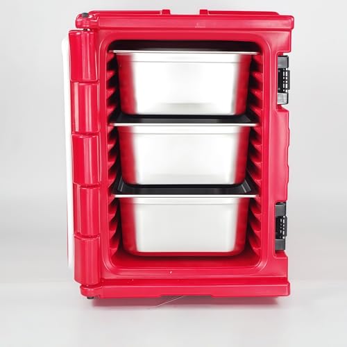 90L Insulated Food Pan Carrier, Wheeled Catering Hot Cold Storage Box, Commercial Grade Insulated Cooler for Restaurant Food Transport (Red,Wheeled 3-Trays, 25.5" L*17.7" W*24.8" H)