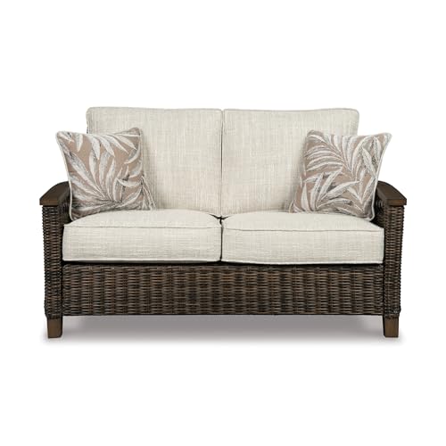 BOWERY HILL Patio Loveseat, Medium Brown Finish, Handwoven All-Weather Resin Wicker, Rust-Proof Aluminum Frame, Plush Cushions and Nuvella Fabric, 58.25" W x 36" D x 39" H Outdoor Sofa for Alfresco