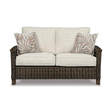 BOWERY HILL Patio Loveseat, Medium Brown Finish, Handwoven All-Weather Resin Wicker, Rust-Proof Aluminum Frame, Plush Cushions and Nuvella Fabric, 58.25" W x 36" D x 39" H Outdoor Sofa for Alfresco