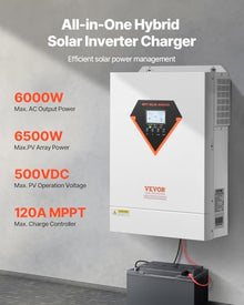 VEVOR Hybrid Solar Inverter, 6000W, All in One Pure Sine Wave Power Inverter Charger, 48V DC to Single-Phase 220/230V AC, with 120A MPPT Solar Controller, for Off-Grid System Lead Acid Lithium Battery