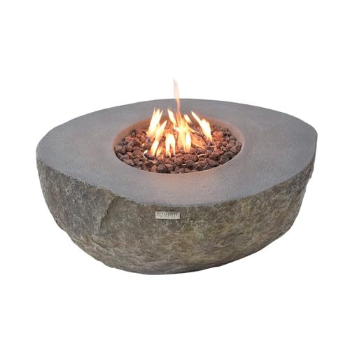 Elementi Boulder Outdoor Fire Pit Table 43 Inches Round Firepit Concrete Patio Heater Electronic Ignition Backyard Fireplace Cover Lava Rock Included Liquid Propane