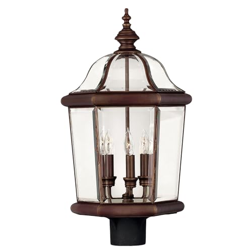 Hinkley Augusta Three Light 23.25" Outdoor Post Mount Lantern – Clear Beveled Glass, Solid Brass, Traditional, Pathway Driveway Landscape, Pier Mount Compatible, Post Sold Separately – Copper Bronze