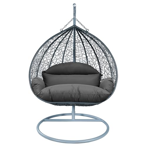 LeisureMod Hanging Egg Chair with Stand for Indoor Outdoor Wicker Patio Swing Chair Open Weave Basket Design with Cushion Metal Frame for Patio Garden Balcony (Grey Frame Dark Grey Cushion)