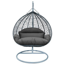 LeisureMod Hanging Egg Chair with Stand for Indoor Outdoor Wicker Patio Swing Chair Open Weave Basket Design with Cushion Metal Frame for Patio Garden Balcony (Grey Frame Dark Grey Cushion)