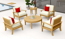 WholesaleTeakFurniture Somer 6 Piece Teak Wood Lounge Chair Set: 4 Lounge Chairs, Round Coffee Table & Round Side Table with Cushions in Outdoor Sunbrella Fabric #5404 Canvas Natural