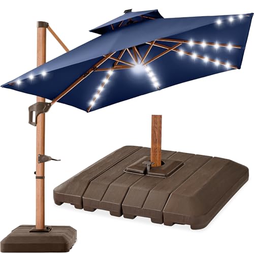 Best Choice Products 10ft Square Cantilever Patio Umbrella w/Base Included, Woodgrain Pattern Pole & Solar LED Lights, 360-Rotation, Offset Hanging Outdoor Shade - Navy Blue