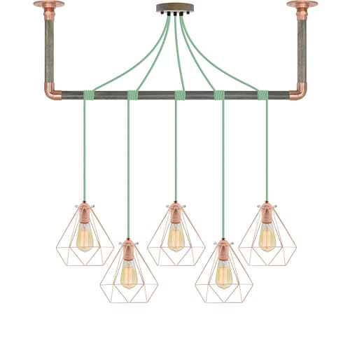 Mint and Copper Diamond Geometric Cage Pendant Light Wrapped Grey Wood and Copper Hanging Bracket - Hangout Lighting - 5 Pendants