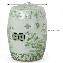 18.5" Ceramic Garden Stool, Green & White Chinoiserie Flower Bird Motif Drum Stool, Indoor Outdoor Patio Accent Side Table, Plant Stand and Decorative Stool for Living Room, Garden, Balcony green