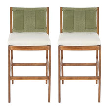 Christopher Knight Home Arly Outdoor Bar Stools Set of 2, Acacia Wood Frame Bar Stool with Cushion, Patio Outdoor Chairs Set, Island Stools with Woven Wicker Back for Balcony Garden, Green+Cream+Teak