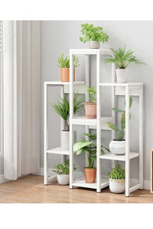 SODEF Multi-Tiered Plant Stand - Modern White Metal Frame with White Wood Shelves - Decorative Indoor Flower Shelf for Balcony, Living Room, Office - 7-Tier Vertical Display Unit - White