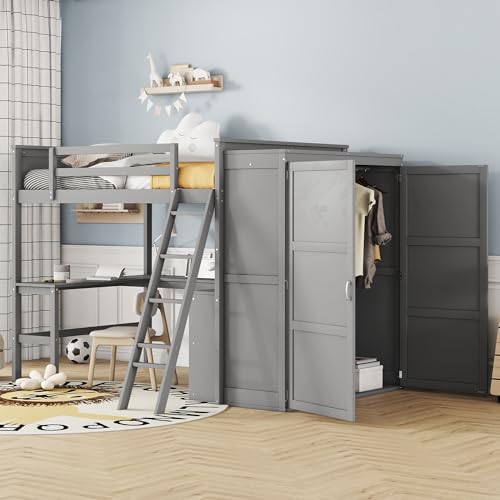 Jintop Full Over Full Bunk Bed with Storage Drawers and Cabinet Grey