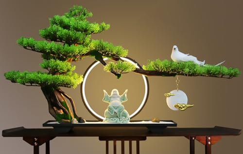 Artificial Bonsai Tree with Lamp Ring, Realistic Bonsai Green Plant Zen Garden, Chinese Welcome Pine Bonsai Ornaments for Home Office Decoration Desktop Display,B4