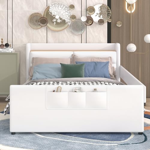 Brisca Full Size Upholstered Platform Bed with Storage and Guardrail Beige