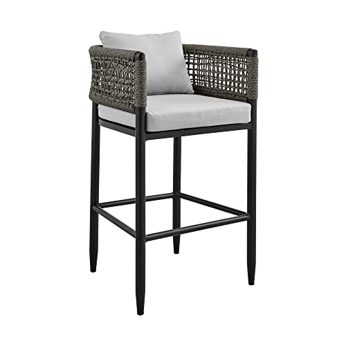 Armen Living Alegria Outdoor Patio Bar Stool in Aluminum with Grey Rope and Cushions