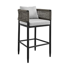 Armen Living Alegria Outdoor Patio Bar Stool in Aluminum with Grey Rope and Cushions