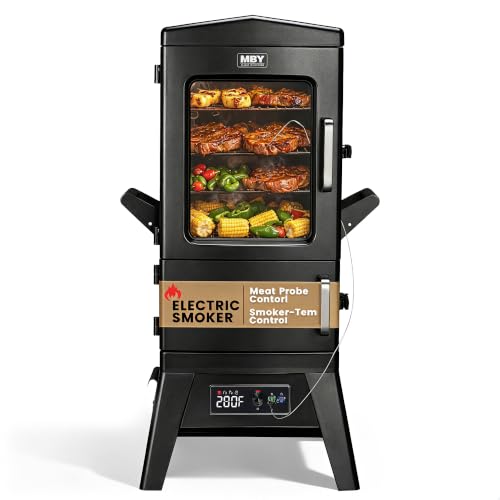 Electric Smoker with Cover, LED Display Build in Meat Probe Large Capacity BBQ Smokers, 4 Racks Smoke More with 633 sq in Cooking Area, Black,S