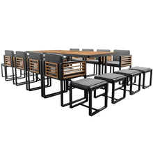 Merax 18-Piece Patio Dining Set for 16 People, Acacia Wood Outdoor Furniture Sets with 2 Square Tables, 8 Cushioned Chairs and 8 Ottomans for Backyard, Garden, Lawn, Poolside, Space Saving Design,Gray