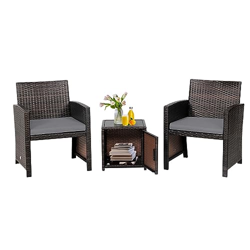 DUYHBAWRS 3PCS Patio Wicker Furniture Set Storage Table W/Protect Cover Gray