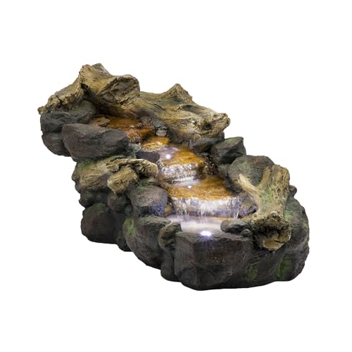 Alpine Corporation TZL296 41" Long Indoor/Outdoor River Rock and Log Fountain with LED Lights – Outdoor Water Feature for Garden, Patio, and Home Décor, Brown